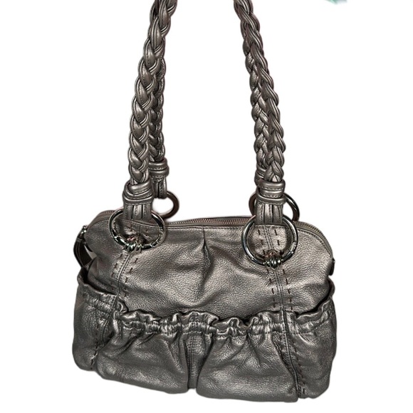 B. MAKOWSKI Pebbled Leather Hobo Bag A211928 Grey Pockets Braided Straps Classic - Picture 2 of 15